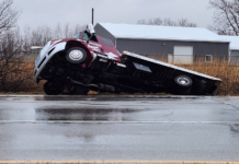 Truck ends up in ditch along U.S. 30