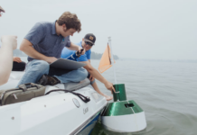 Buoy collecting data on Lake Wawasee for Lilly Center