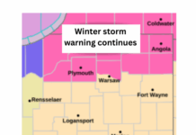 Winter storm warning continues Sunday north of Warsaw