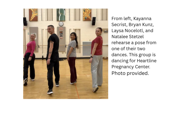 From left, Kayanna Secrist, Bryan Kunz, Laysa Nocelotl, and Natalee Stetzel rehearse a pose from one of their two dances. This group is dancing for Heartline Pregnancy Center.