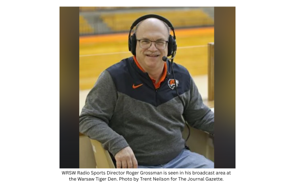 WRSW Radio Sports Director Roger Grossman is seen in his broadcast area at the Warsaw Tiger Den. Photo by Trent Neilson for The Journal Gazette.